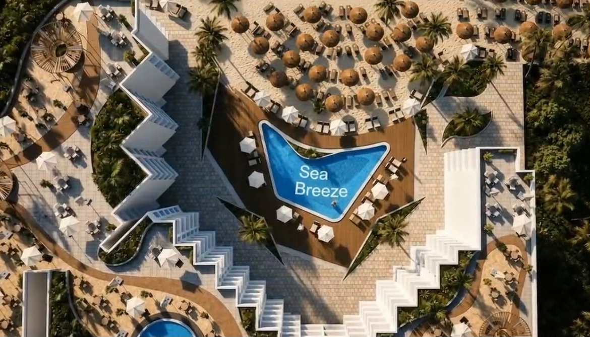 Aerial perspective of the Sea Breeze Resort development