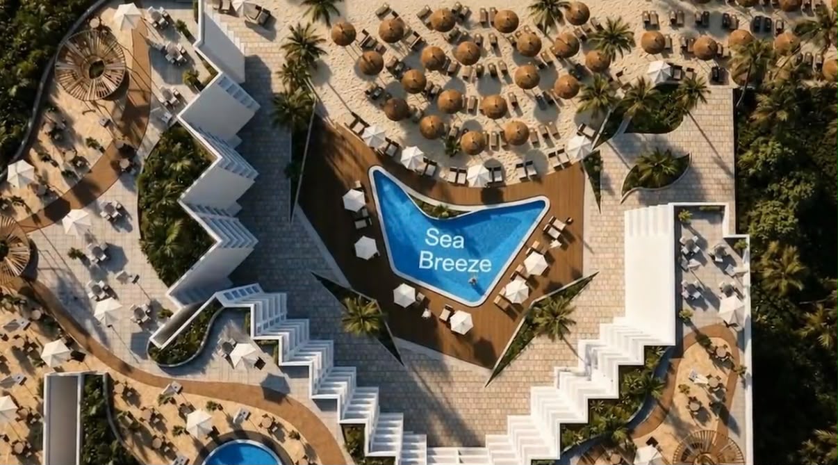 Aerial perspective of the Sea Breeze Resort development