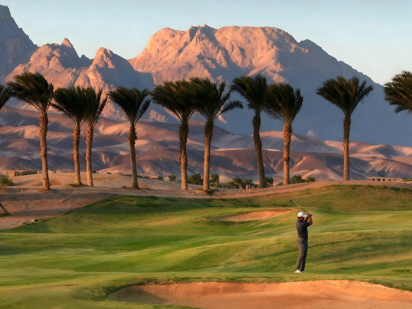 Madinat Makadi golf course with palm trees and Red Sea mountains
