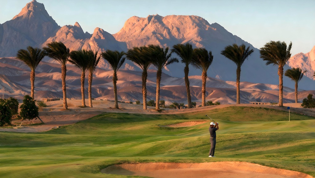 Madinat Makadi golf course with palm trees and Red Sea mountains