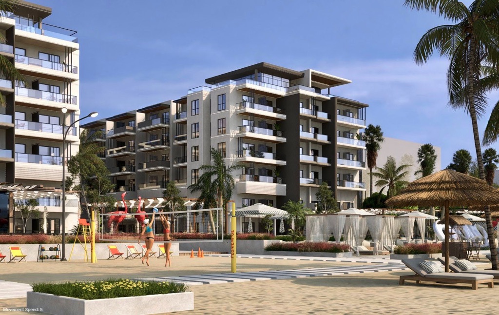 Oro Beach apartment buildings beside landscaped gardens