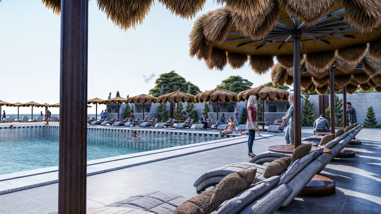 Shaded terrace beside the Premier Beach resort pool