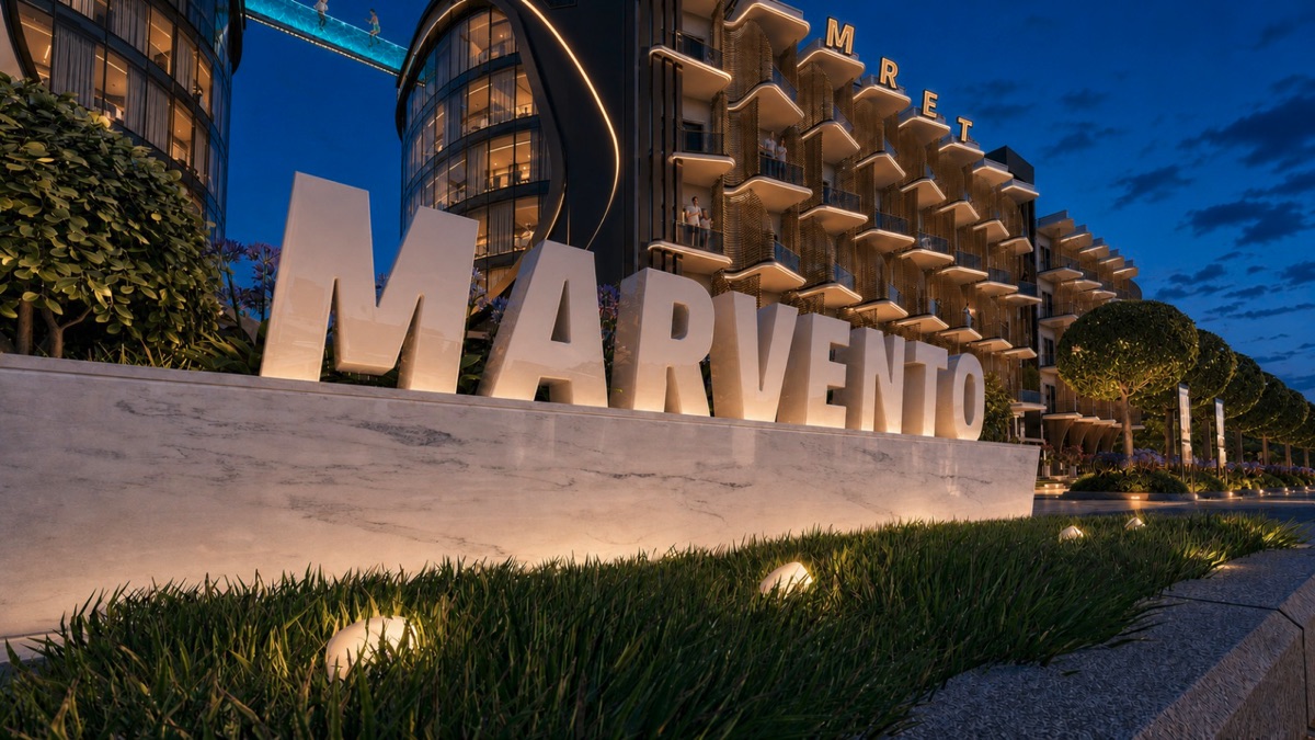 Marvento Resort Hurghada – Marvento entrance sign at night Marvento Resort Hurghada – marvento entrance sign at night, developer render