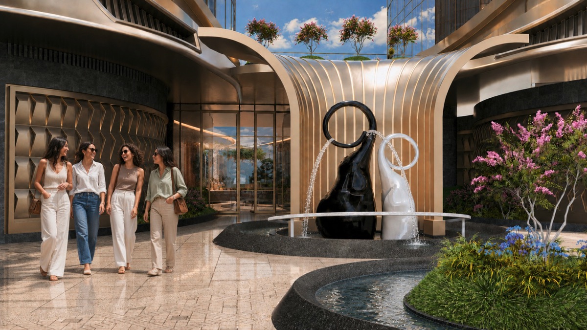 Marvento Resort Hurghada – Entrance courtyard with sculptural landscaping Marvento Resort Hurghada – entrance courtyard with sculptural landscaping, developer render