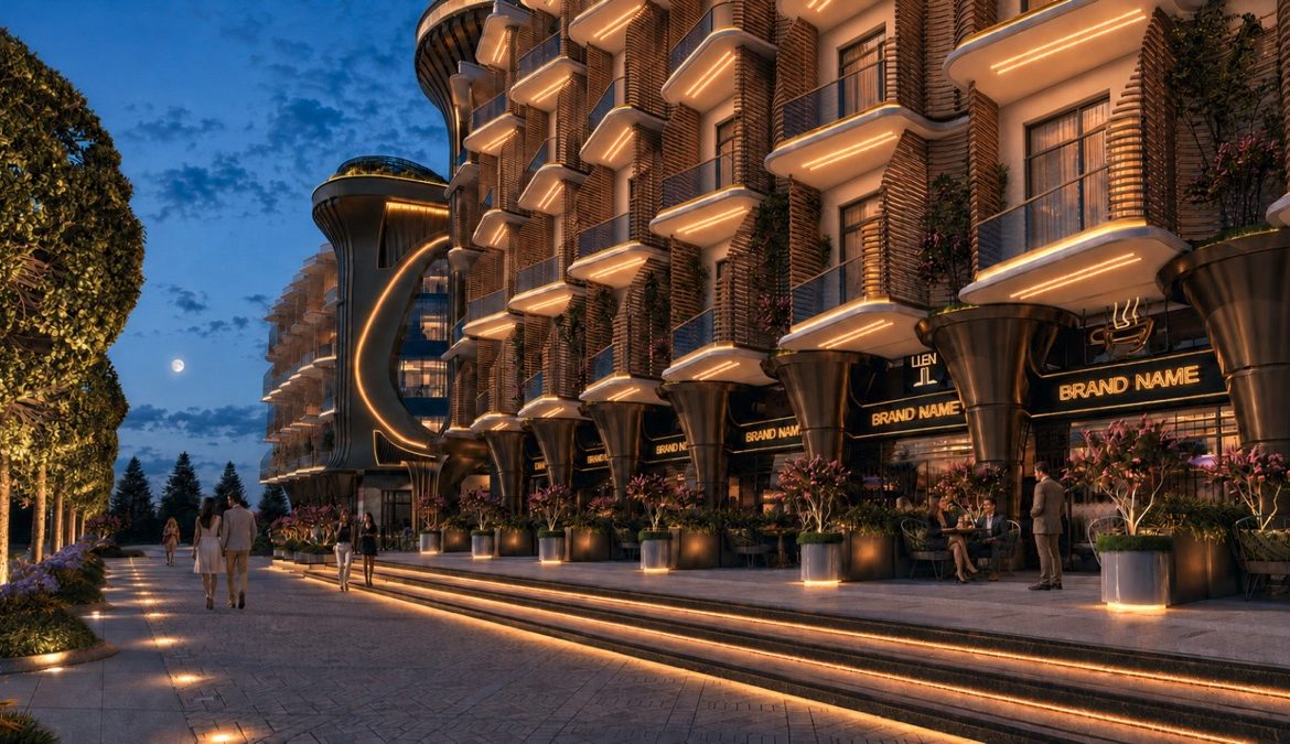 Marvento Resort Hurghada – entrance steps and illuminated apartment frontage, developer render