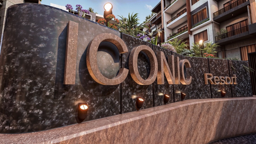 Iconic Resort Hurghada – entrance sign and landscaped courtyard, developer render