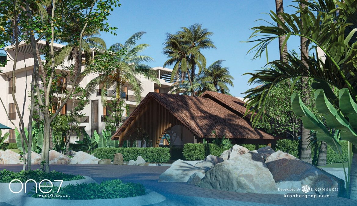 One7 Hurghada penthouse – tropical landscaping and waterside pavilion, developer rendering