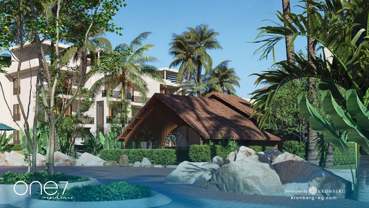 One7 Hurghada penthouse – tropical landscaping and waterside pavilion, developer rendering