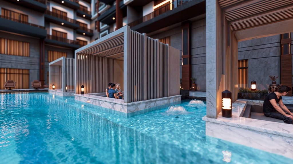 Iconic Resort Hurghada – covered poolside seating, developer render
