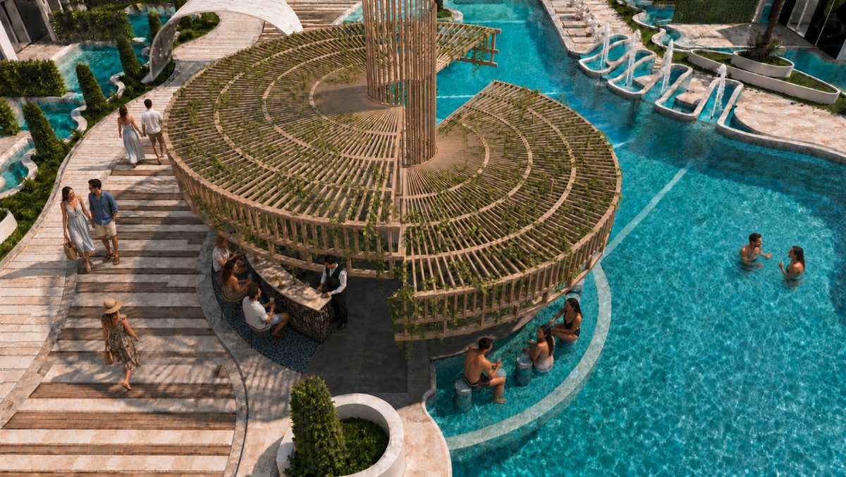 Marvento Resort Hurghada – Circular swim-up pool bar Marvento Resort Hurghada – circular swim-up pool bar, developer render