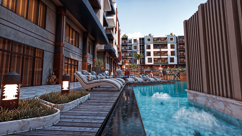 Iconic Resort Hurghada – pool edge and shaded residential walkway, developer render