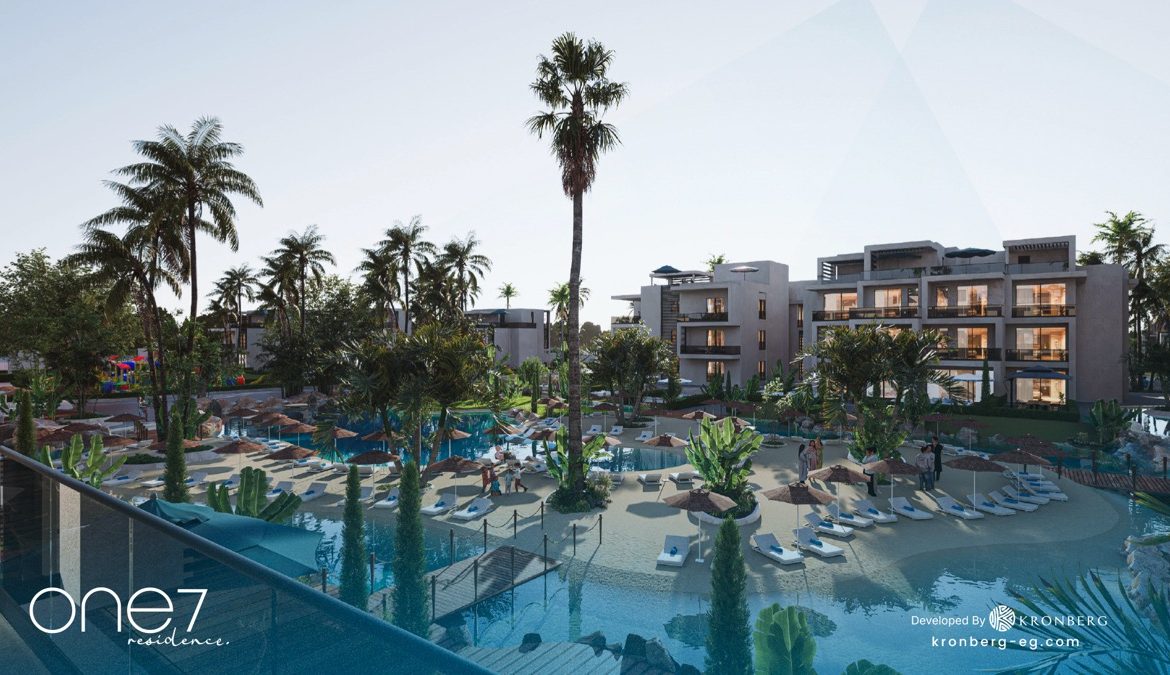 One7 apartments for sale – palm-lined lagoon and poolside seating, developer rendering