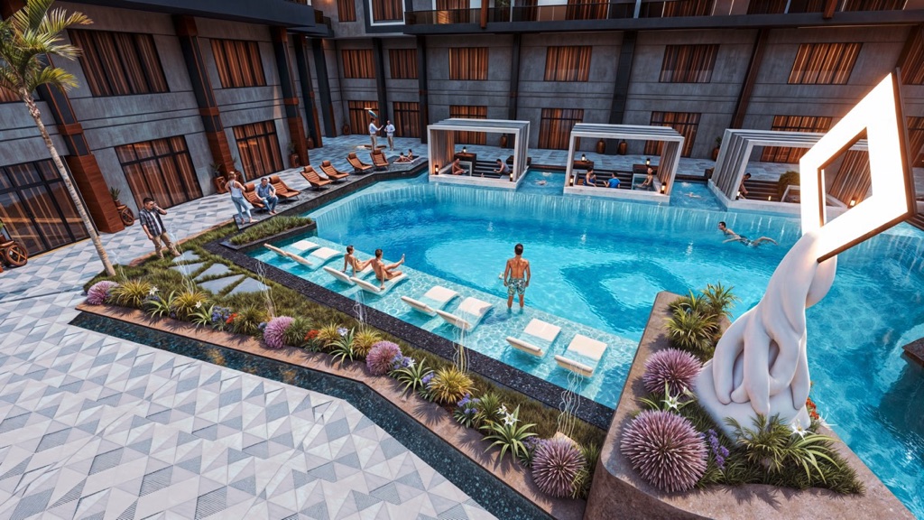 Iconic Resort Hurghada – overhead pool view and landscaping, developer render