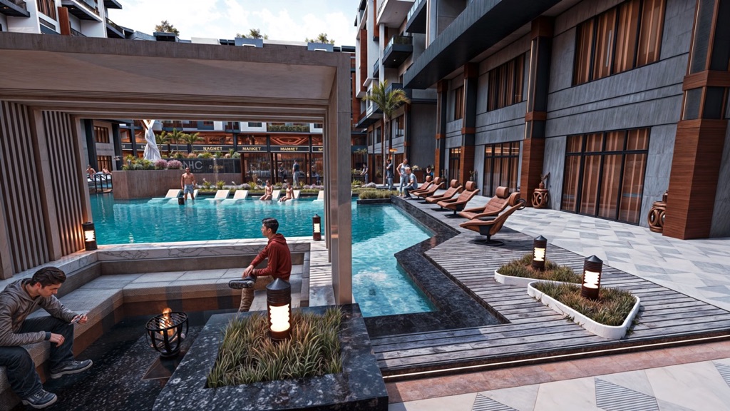 Iconic Resort Hurghada – poolside pavilion and stepped seating, developer render