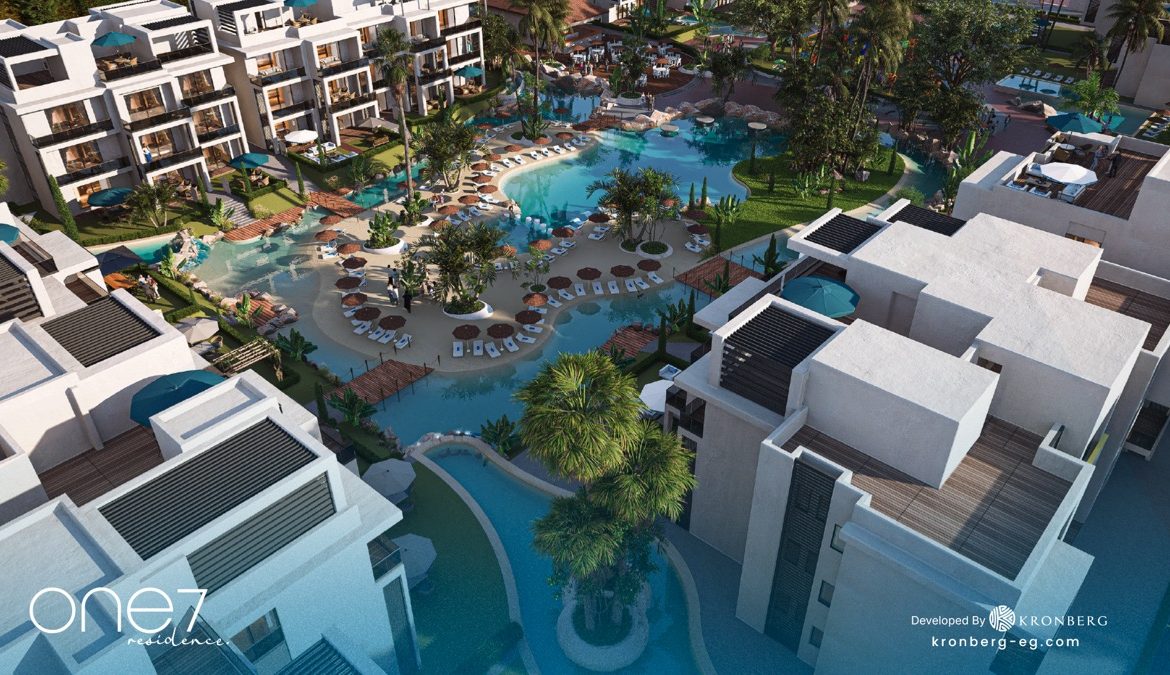 One7 Hurghada – wide aerial view of the residential lagoon, developer rendering