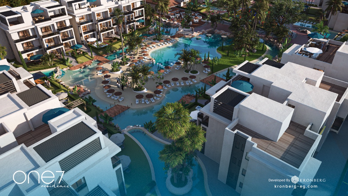 One7 Hurghada – wide aerial view of the residential lagoon, developer rendering
