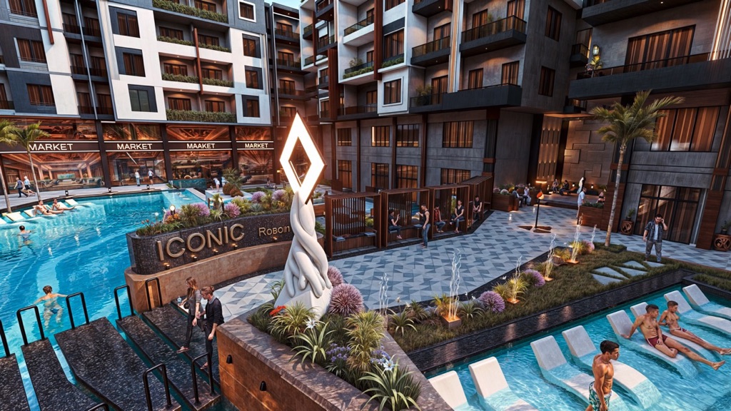 Iconic Resort Hurghada – apartment balconies above the pool courtyard, developer render