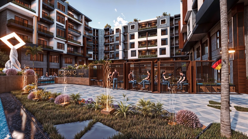 Iconic Resort Hurghada – entrance gate and apartment buildings, developer render