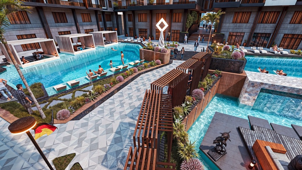 Iconic Resort Hurghada – pool courtyard and apartment balconies, developer render
