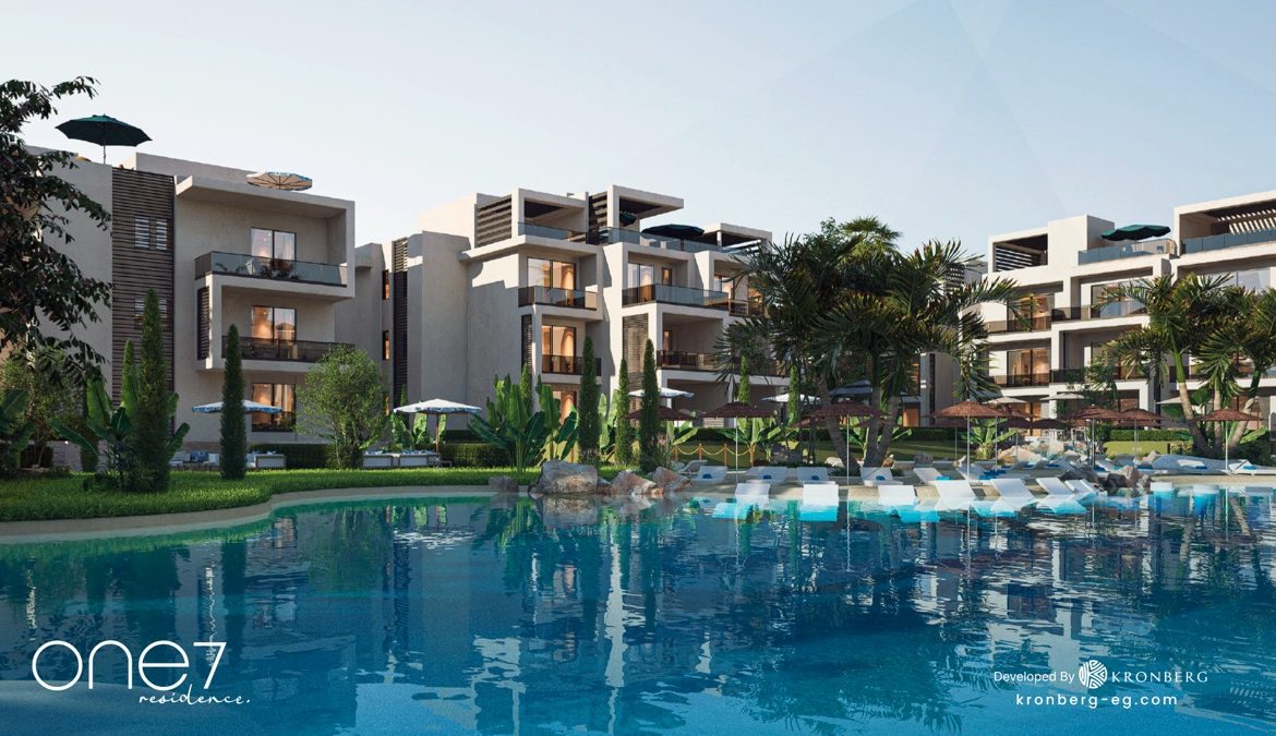 One7 Hurghada penthouse – lagoon reflections and contemporary apartment facades, developer rendering