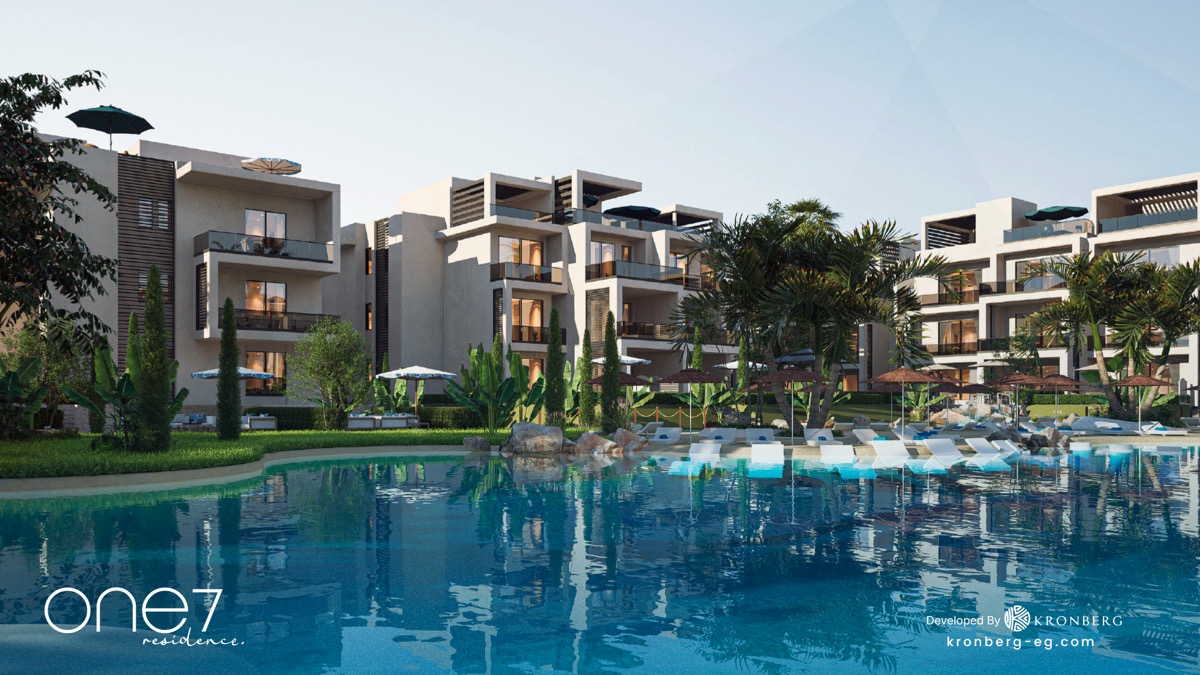 One7 Hurghada penthouse – lagoon reflections and contemporary apartment facades, developer rendering