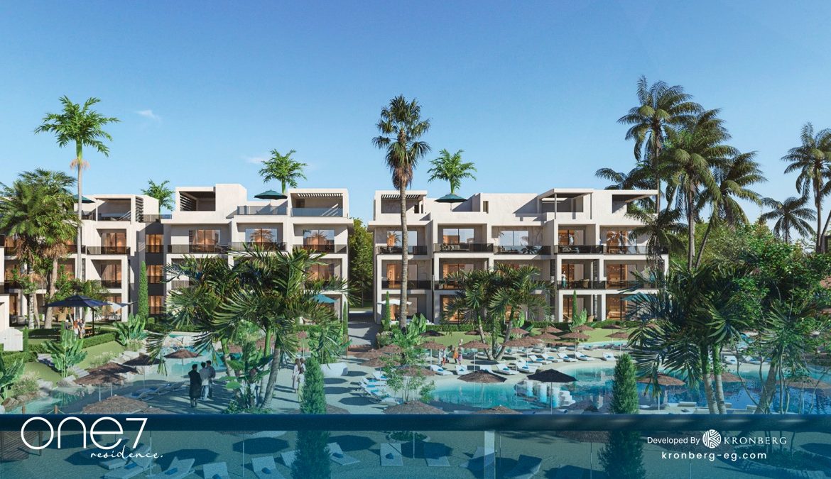 One7 Hurghada – apartments surrounding the landscaped lagoon, developer rendering
