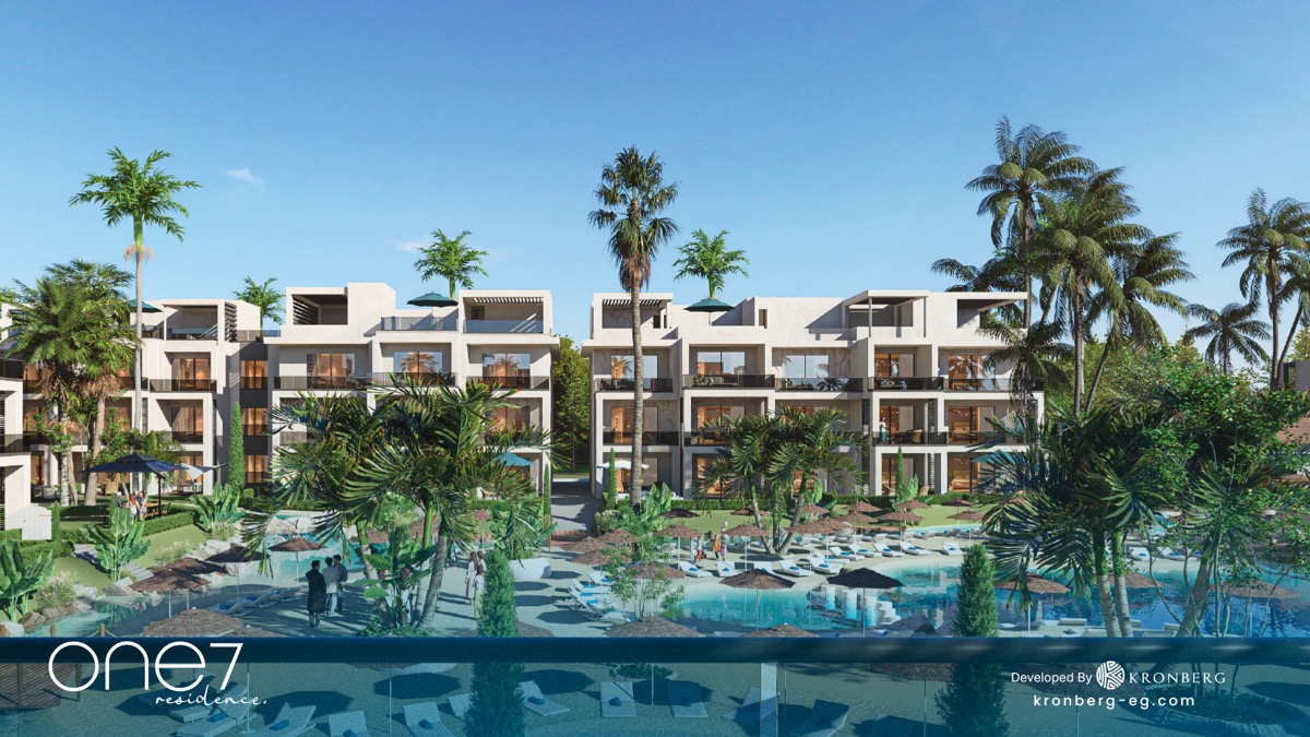 One7 Hurghada – apartments surrounding the landscaped lagoon, developer rendering