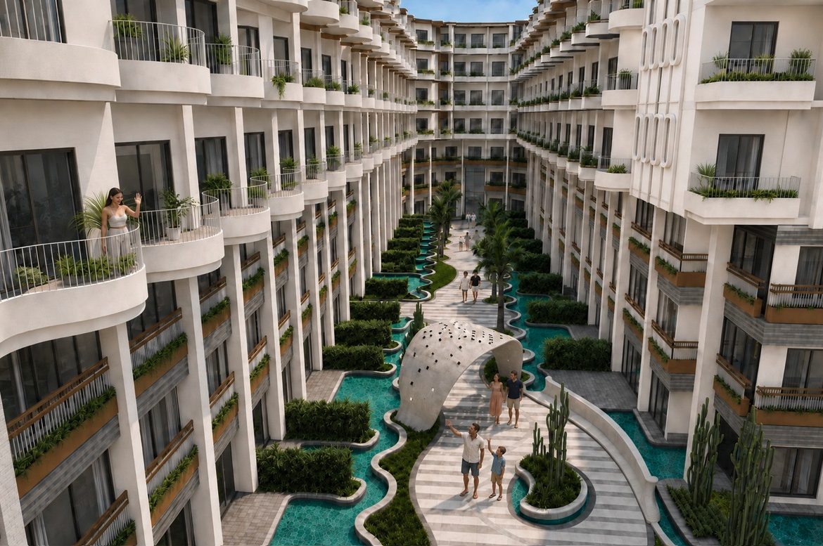 Marvento Resort Hurghada – curved courtyard pool beneath apartment balconies, developer render
