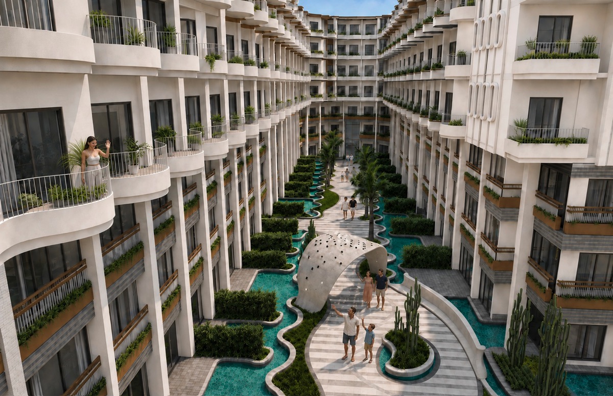 Marvento Resort Hurghada – curved courtyard pool beneath apartment balconies, developer render