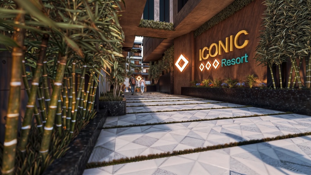 Iconic Resort Hurghada – entrance sign and planted walkway, developer render