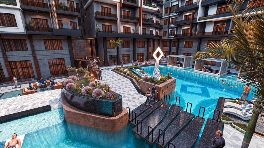 Iconic Resort Hurghada – raised pool and courtyard landscaping, developer render