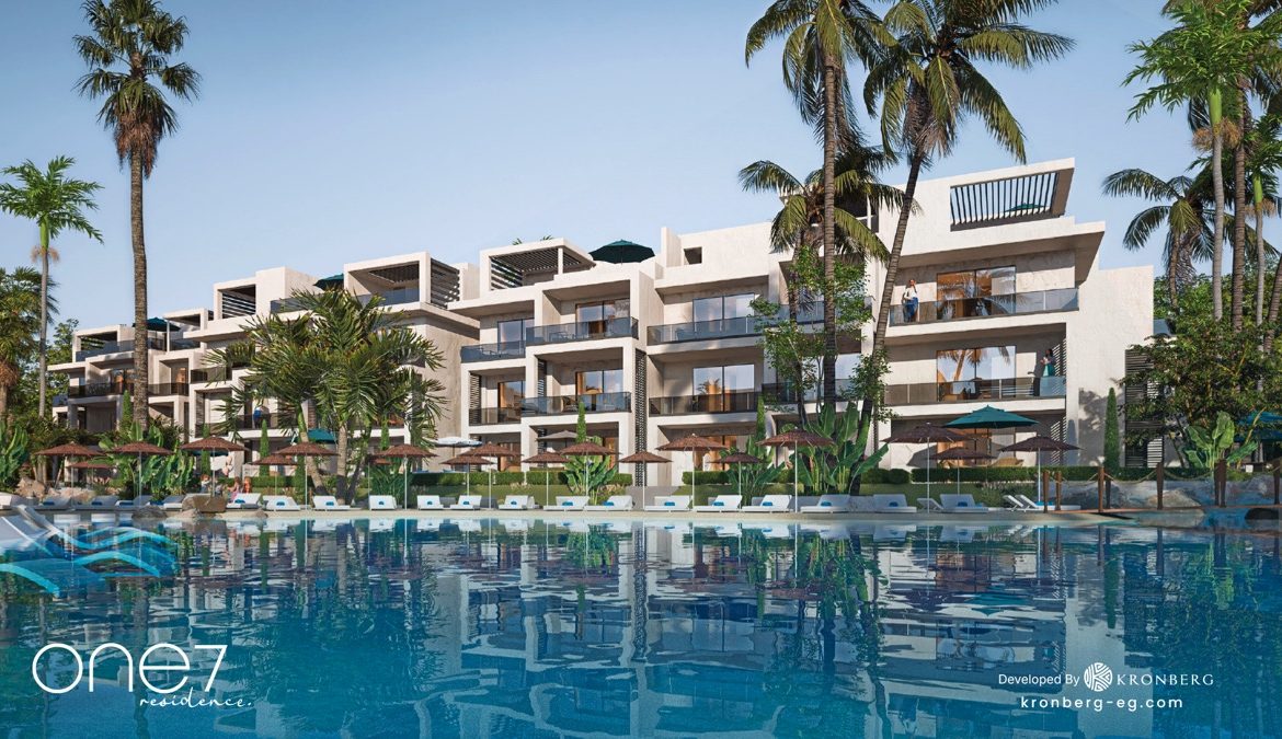 One7 Hurghada apartments – waterside apartment terraces and palms, developer rendering