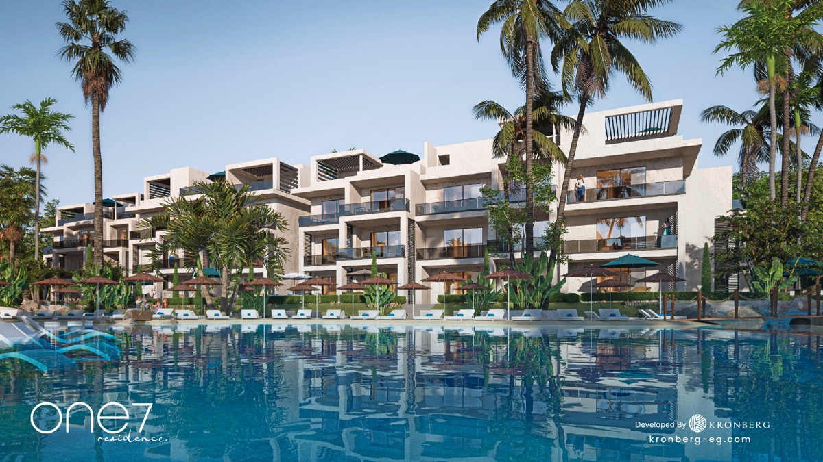 One7 Hurghada apartments – waterside apartment terraces and palms, developer rendering