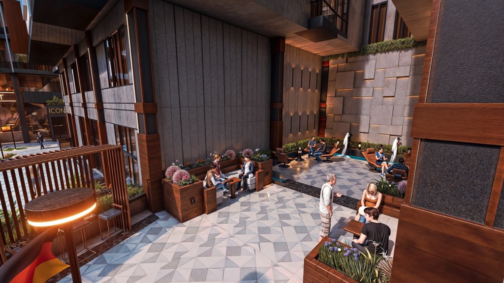 Iconic Resort Hurghada – covered terrace seating beside the pool, developer render