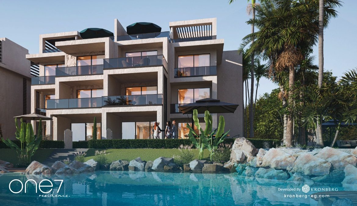 One7 apartments for sale – apartment facade and rooftop seating areas beside the lagoon, developer rendering
