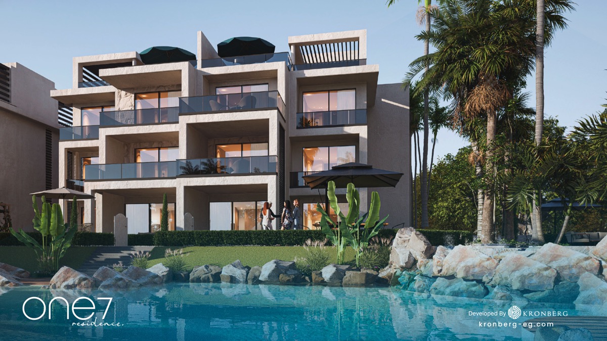 One7 apartments for sale – apartment facade and rooftop seating areas beside the lagoon, developer rendering