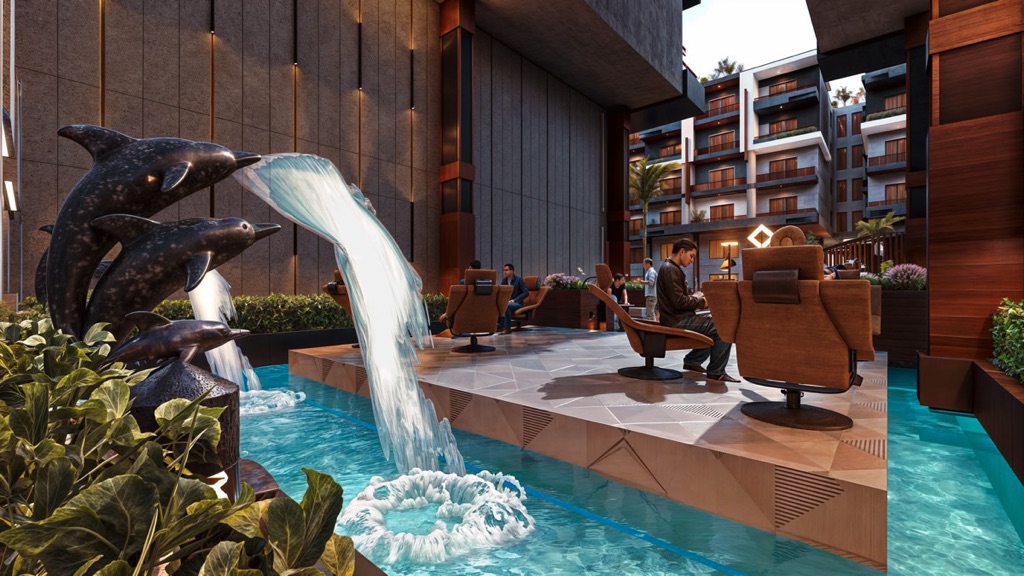 Iconic Resort Hurghada – decorative dolphin water feature, developer render