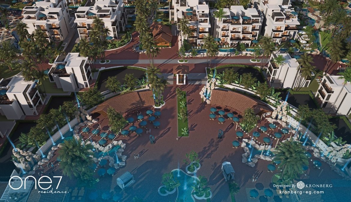 One7 Hurghada – aerial view of the palm-lined central promenade, developer rendering