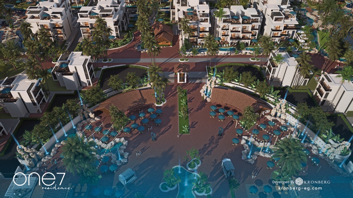 One7 Hurghada – aerial view of the palm-lined central promenade, developer rendering