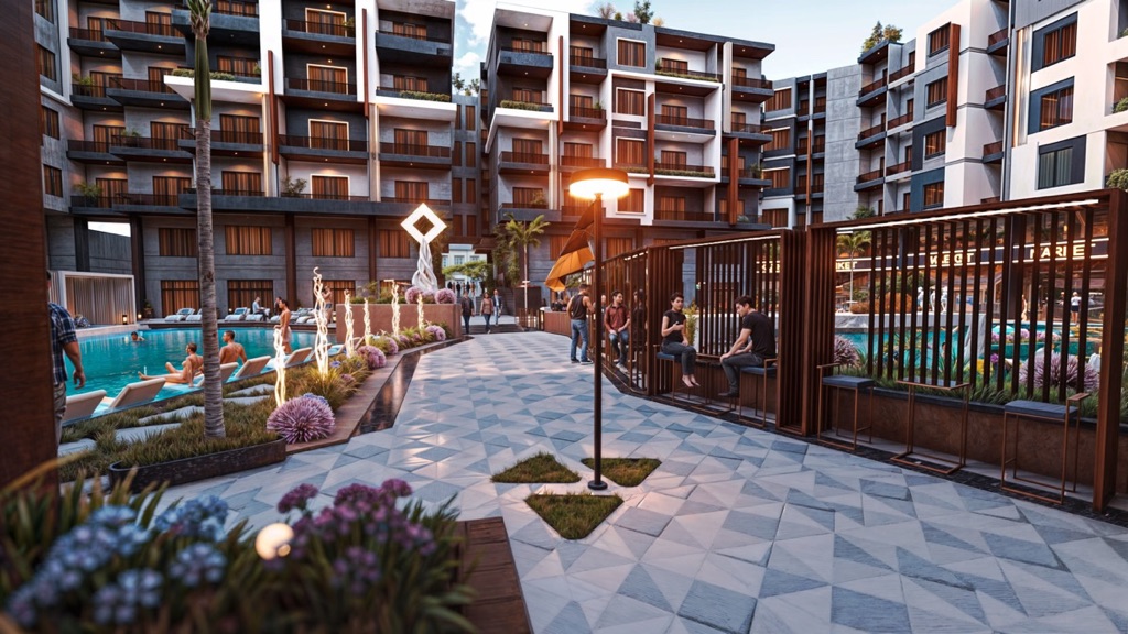 Iconic Resort Hurghada – garden path and courtyard entrance, developer render