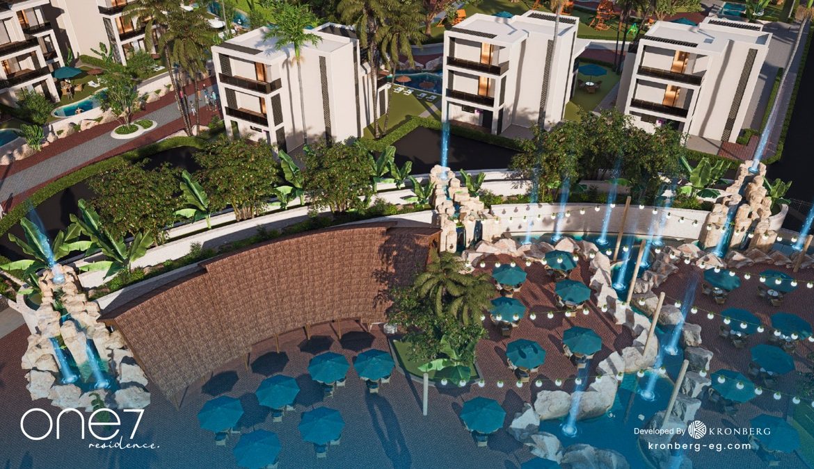 One7 Hurghada apartments – overhead view of residences and central plaza, developer rendering
