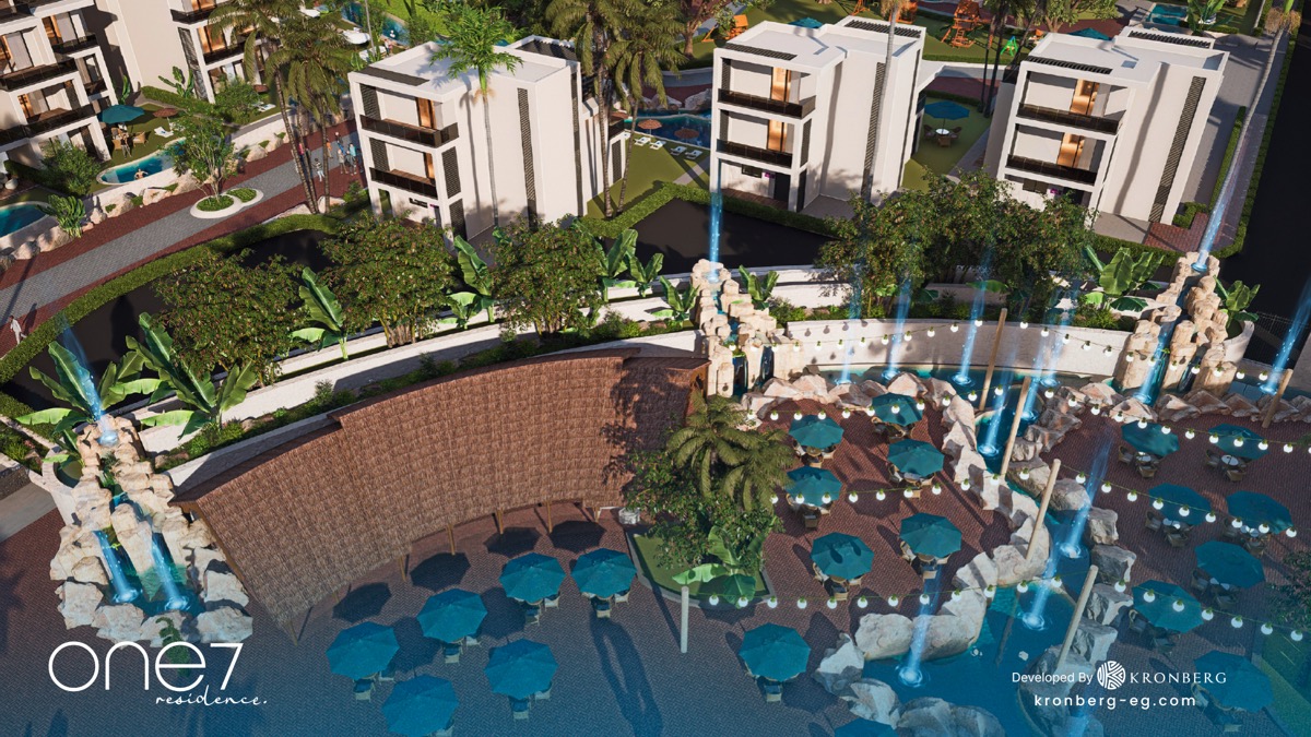 One7 Hurghada apartments – overhead view of residences and central plaza, developer rendering