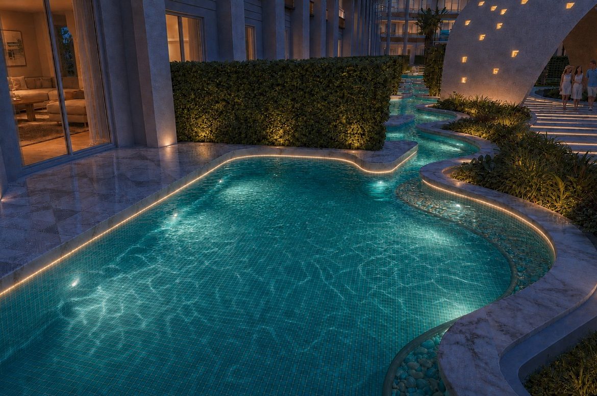 Marvento Resort Hurghada – curving courtyard swimming pool at night, developer render