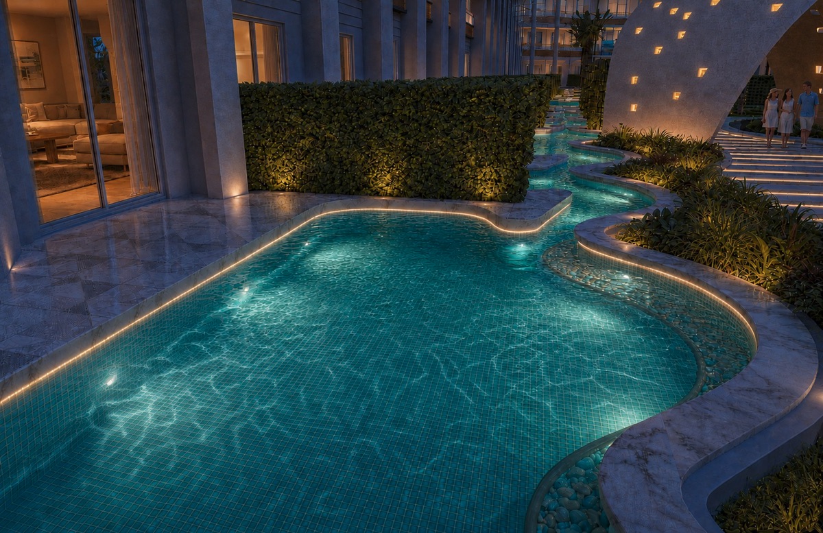 Marvento Resort Hurghada – Curving courtyard swimming pool at night Marvento Resort Hurghada – curving courtyard swimming pool at night, developer render