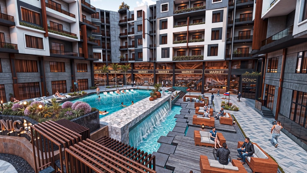 Iconic Resort Hurghada – swimming pool and stepped courtyard terraces, developer render