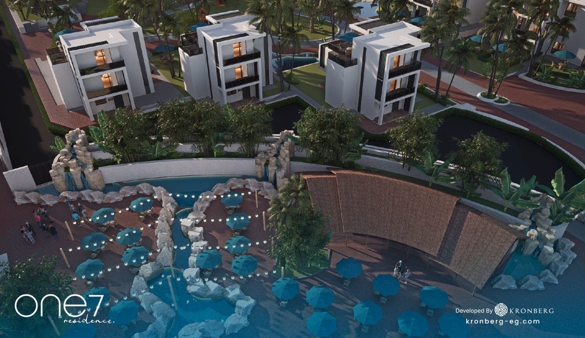 One7 apartments for sale – residential buildings beside the landscaped plaza, developer rendering