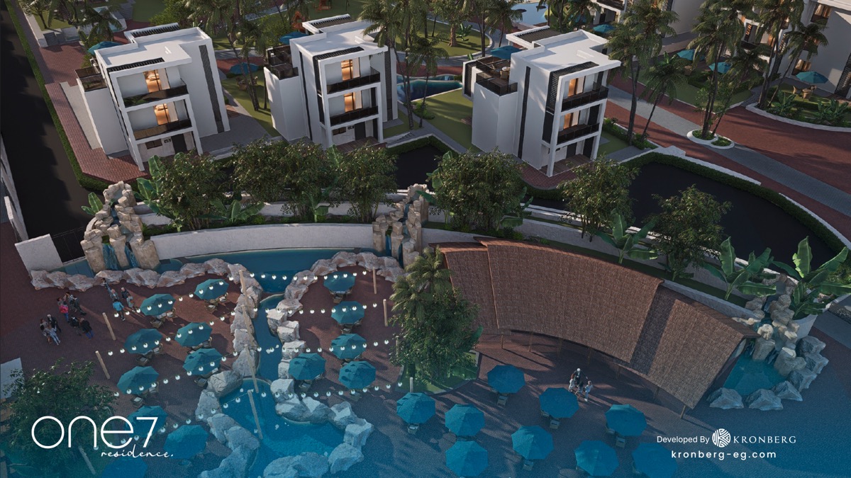 One7 apartments for sale – residential buildings beside the landscaped plaza, developer rendering