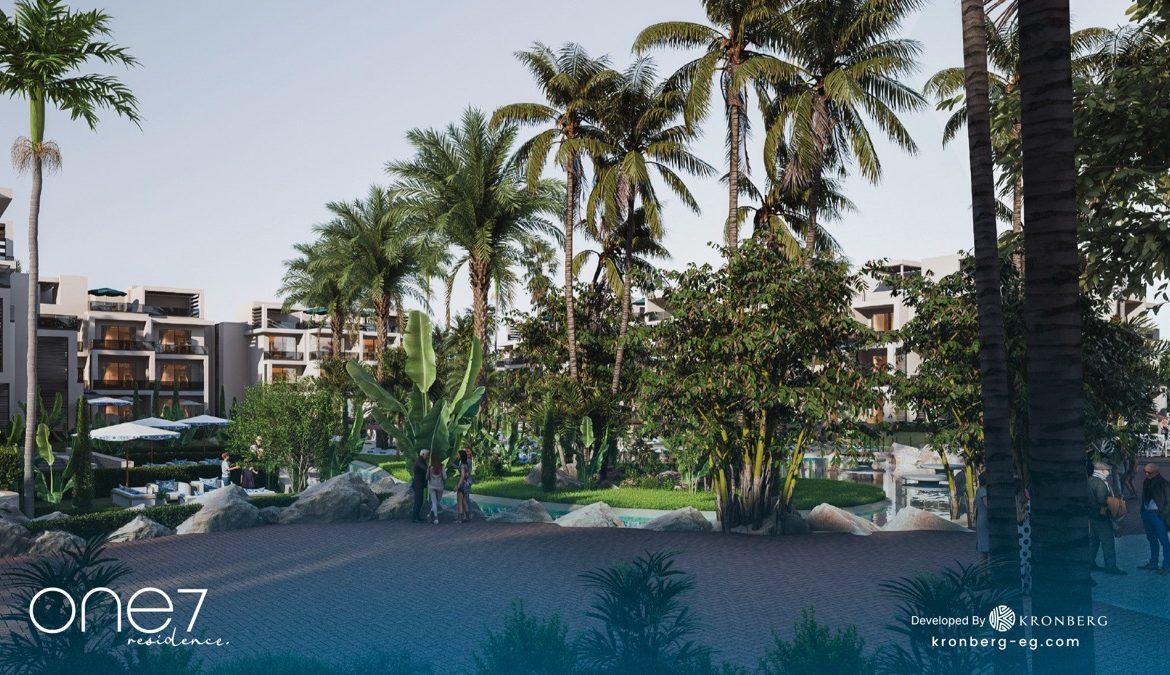 One7 Hurghada penthouse – palm trees and tropical planting beside the lagoon, developer rendering