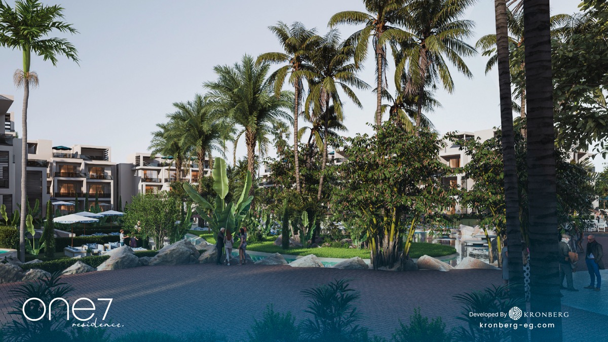 One7 Hurghada penthouse – palm trees and tropical planting beside the lagoon, developer rendering