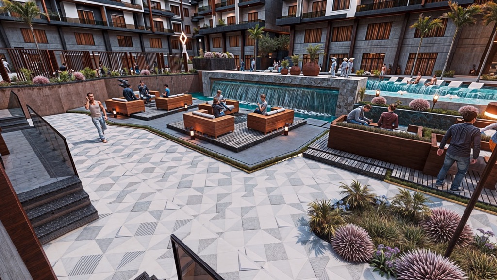 Iconic Resort Hurghada – sun terrace seating beside the water, developer render